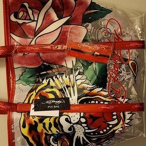 Ed Hardy Red Clear Tote Bag & Pouch NWT $160 MSRP